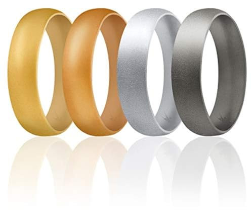 ROQ Silicone Wedding Ring For Men Set of 4 Affordable Comfort Fit 6mm Love Metallic Silicone Rubber Wedding Bands - Light Gold, Copper Gold, Silver, Beveled Metallic Platinum - Size 8