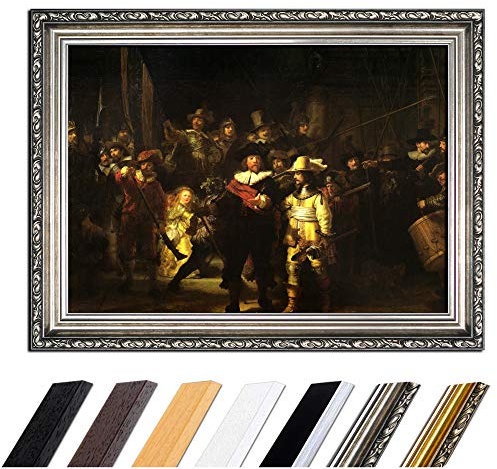 Bild mit Rahmen - Rembrandt Die Nachtwache 110x85 cm - Gerahmtes Leinwandbild Alte Meister - Antiker Rahmen Silber Barock, Klassisch