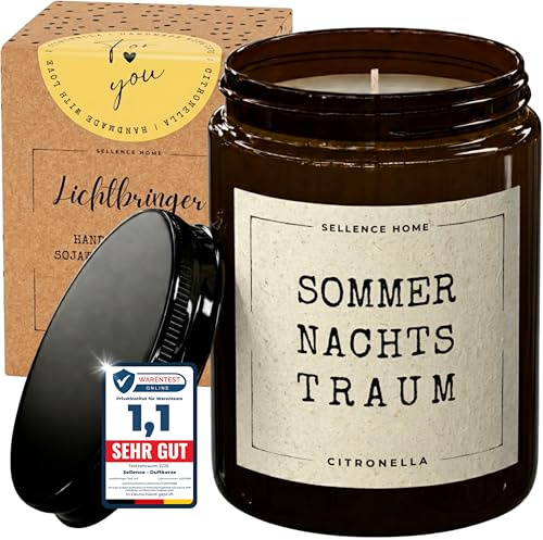 LICHTBRINGER Citronella Kerze Outdoor, Sommernachtstraum, bis 70 Std. | 210 g Sojawachs im Braunglas, Geschenkbox und Schraubdeckel, vegan, handgegossen in Europa, für Balkon, Terrasse und Garten
