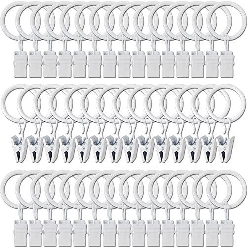 AMZSEVEN Lot de 44 anneaux de rideau en métal avec clips, anneaux de fixation pour rideaux résistants, barre de tension décorative pour fenêtre, diamètre intérieur de 2,5 cm, blanc rouille