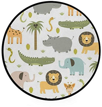 Orediy 92 cm runder weicher Schaumstoff-Teppich, Safari-Tiere, leicht, Kinderzimmer-Spielteppich, Boden-Yogamatte für Wohnzimmer, Schlafzimmer