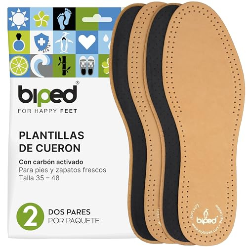 biped 2 pares de plantillas de cuero de primera calidad con carbón activo - Suelas transpirables contra el sudor de pies - Plantillas de cuero suave para hombre y mujer z2763