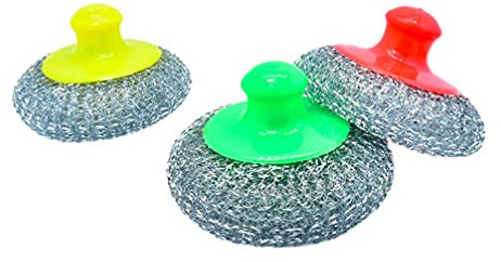 Cabilock Premium Stainless Steel Wire Ball Cleaning Brush Handle Brush with Plastic Handle Dishwashing Scrub Set Random Color