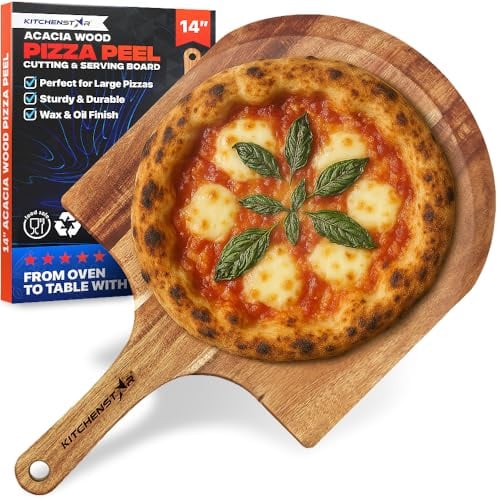 Pizzaschieber aus Holz, 35,6 cm, Akazienholz, Pizzabrett für Pizza, Schieben, Schneiden und Servieren, lebensmittelölverarbeiteter Paddelspatel mit Griff und Aufhängeschlaufe, Pizzaofen-Zubehör