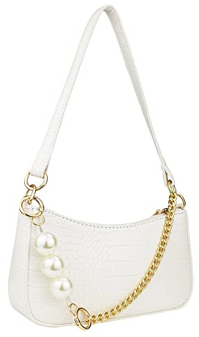 Camilife Weiße Clutch Schulter Handtasche Mini Handtaschen mit Perlenkette Classic Vintage Tasche Kleine Weiße Handtasche für Damen 90er Umhängetasche Hochzeit Wedding Prom Party