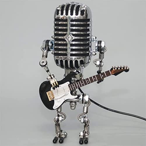 albbwywj Vintage Microphone Robot Desk Lamp,Metal Microphone Robot Lamp with Mini Guitar,Robot Touch Dimmer Lamp,Vintage Light Home Decor Nightstand Desk Lamp for Bedroom,Bar,Restaurant,Black