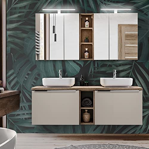 Lomadox Badmöbelset in Taupe mit Vintage Eiche, Doppel-Waschtisch mit 2 Keramik-Waschbecken, Regale, LED-Spiegelschränke