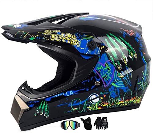 Motocross Helmet Kids, Children Motorbike Helmet, Full Face MTB Adults Motorcycle Motocross Dirt Bike Helmet, Youth ATV Off Road Crash Helmets Mens BMX Helmet With Goggles Gloves Mask (Color : Blue-A