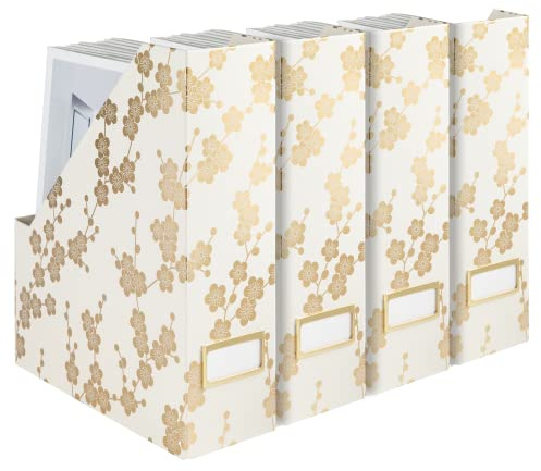 Blu Monaco Decorative Foldable Magazine Storage Boxes for Desk Set of 4 with Gold Floral Pattern and Gold Label Holder - Ideal Book Boxes or Vertical File Organizer Make Bookshelf Organization Easy