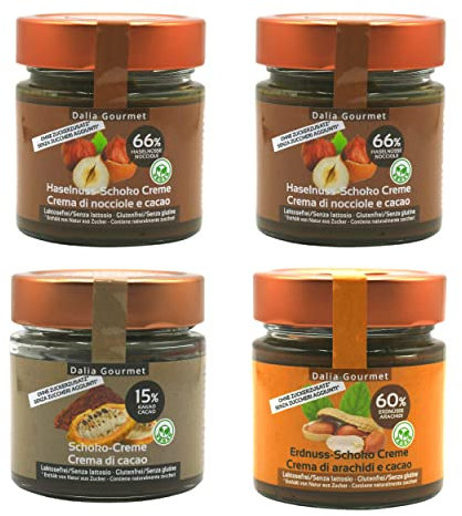 Dalia - Crema spalmabile | Senza aggiunta di zuccheri con ERITRITOLO - STEVIA | Vegan | Prodotto artigianale italiano | 4 pezzi da 200 g |Nocciole - Cacao, Crema di Cacao, Arachidi - Cacao