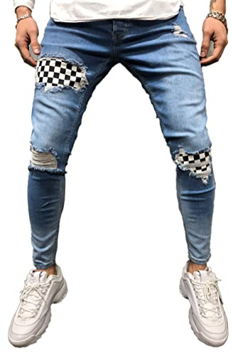 Osheoiso Jean Troué Homme Style Hip Hop Détruit Trou Pantalon en Denim Extensible Couleur Unie Jeans Trou Cassé Streetwear Jeans Moulants Trekking Cargo Mode F Bleu Clair XXL
