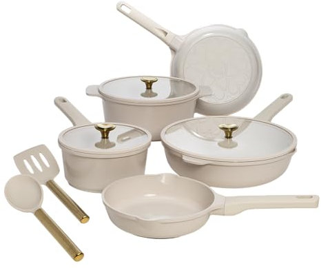 Paris Hilton Juego de utensilios de cocina de aluminio fundido, color crema