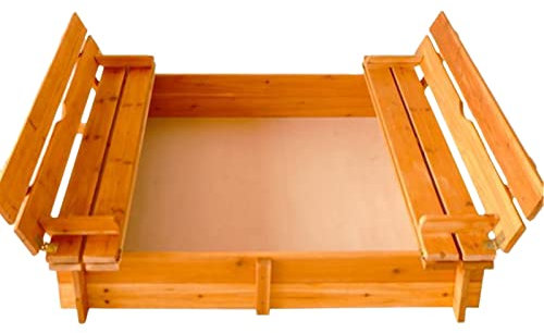 Sandkasten mit Abdeckung, Holz-Sandkasten, Sandkasten mit Deckel, 120 cm, quadratischer Holz-Sandkasten mit ausklappbarem Deckel, der zu Sitzen wird, Sandkästen für Kinder, Outdoor, mit Deckel