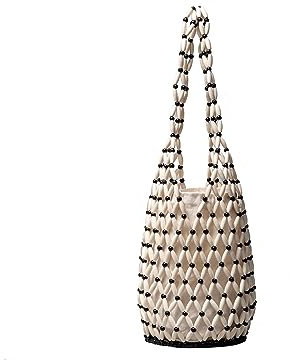 CORIOS Borsa a Mano Tessitura Donna Bohemien Borse Tote Borsa Spiaggia Intrecciata Legno Perline Borse Secchiello Borsa a Spalla Fatto A Mano Retrò Borsa a Tracolla Bianche + Perline Nere
