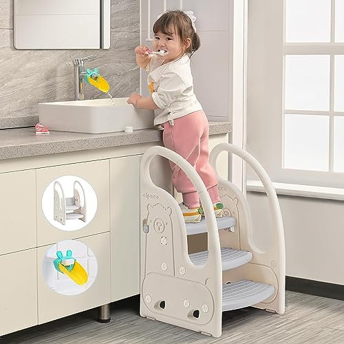 Onasti Step Stool for Kids, 3-Step Height Adjustable Toddler Step Stool, Kitchen Helper, Toilet Steps with Handles and Non-Slip Pads, for Counter, Bathroom & Sink (3 Steps-grey)