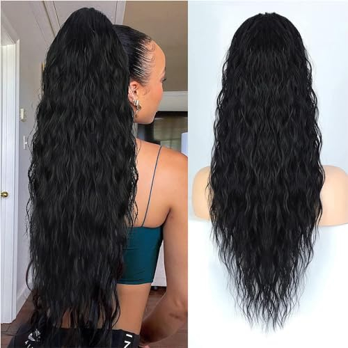 Mineup Pferdeschwanz Haarteil, 66 cm Natürliches Extensions Zopf mit Kordelzug, Wellig Locken Ponytail Ponytail Extension Schwarz, Kunsthaar Haarzopf für Damen, Synthetik Haarteil für Frauen