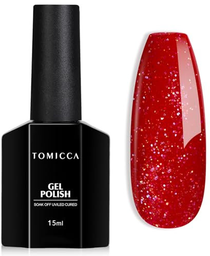 TOMICCA UV Nagellack Weihnachten Glitter Rot, 15ml Glitter Rot Gel-Nagellack, Soak Off UV/LED Gel Rot Nagellack für Starter Nail Art Salon DIY