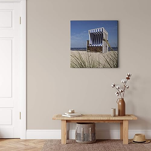 A.S. Création Leinwandbild Strandkorb am Strand und Meer - Kunstdruck blau beige - 50x50 cm Quadratisch - moderne Wanddekoration Schlafzimmer Wohnzimmer Küche - Bild auf Keilrahmen