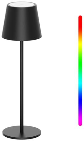 K-Bright LED Dimmbare Akku Tischlampe Kabellose, Wiederaufladbar Warme Lichtfarbe 3000K+RGB Tischleuchte mit USB-C, Aluminium, IP54 Wasserdichte, Schwarz