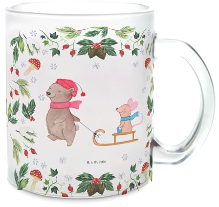 Mr. & Mrs. Panda Teetasse Bär und Maus Schlitten - Geschenk, Teeglas, Tasse mit Henkel, Nikolaus, Teetasse aus Glas, Advent, Winter, Teebecher,