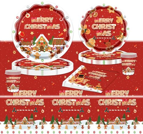 POPOYU Weihnachten Partygeschirr Set,69 Stück Weihnachten Partyzubehör mit Pappteller Servietten Tischdecken Pappbecher,Weihnachts Party Papier Geschirr Set für Weihnachten Zuhause(16 Gäste)