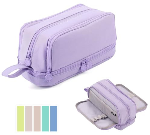 Large Capacity Pencil Case, Pencil Pouch with Sticky Note and 4 Compartments Multifunctional Stationery Organizer for Girls Boys, Office Makeup Bag Portable Pen Bag for Students Women Men (Purple)
