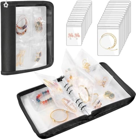 Emibele Reise-Schmuck-Organizer-Koffer, Schmuck-Aufbewahrungsbuch Transparent Schmuck Binder mit 96 tragbaren Anti-Anlauf Klar Zippered Pouch Taschen für Halsketten Armband Ohrringe Ringe, Schwarz