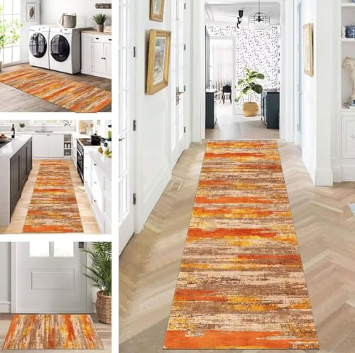 ZUZEKU Läufer Flur Küche Waschbar rutschfest 120X600cm Orange Gold Braun Lang Küchenteppich Flurteppich Teppich Fur Korridor Wohnzimmer Schlafzimmer Meterware Anpassbar