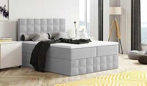 Generisch Moderne Boxspringbett MERA Premium Bett mit Bettkasten Ziernähten Bonell Matratze H3 Federkern Topper Polsterbett Doppelbett Schlafzimmer (Hellgrau: Aura 15, 140 x 200 cm)