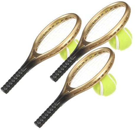 SHOWERORO 3sätze Mini-tennisschläger Und Ball-Set Für Puppenhaus Miniatur-sportzubehör Spielzeug Kuchendekoration Mini-sportartikel Für Puppen