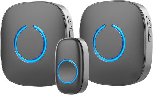 Wireless Doorbell for Home - 1 Push-Button Ringer & 2 Chime Receivers, Battery Operated, 1000 Feet, Cordless Waterproof Door Bells w/LED Flash, Matte Black