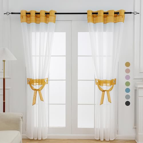 L.Z.E Voile Gardinen Transparente Gold Weiß Vorhänge für Wohnzimmer und Schlafzimmer 213 cm Lang 2er Set Gardine Vorhang mit Ösen Deko Schal mit Zierbändern Leichter & Luftiger Ösenvorhang