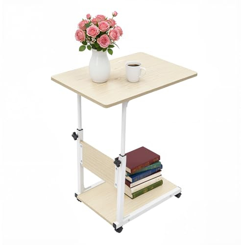 CHFUNE Laptoptisch Beistelltisch, Höhenverstellbarer C-Form Mobiler Stehpult Schreibtisch mit RollenBeistelltisch Holz 360° Rotierend für Sofa Bett Wohnzimmer Pflegebett Wohnzimmer Weißer Ahorn