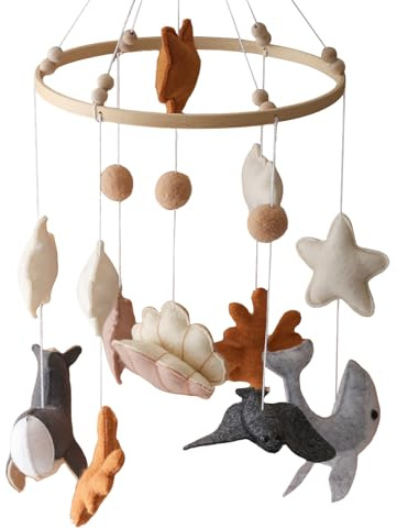 Meerestiere Mobile Baby, Perle Muschel Baby Windspiele mit Meeresfische Korallen Wolken Sterne Filzbällen, Holz Hängende Baby Windspiel, Babybett Anhänger, Geschenk für Baby