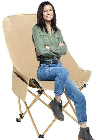 XUCHOU Campingstuhl Faltbar Rückenverstellbar，mit Hochlehner Bequem Gepolster ，Relaxsessel Angelsessel faltbar，für Camp Garten Balkon Alu+Stahl(Beige)