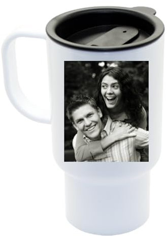 SelfHold Personalised Coffee Travel Mug 14oz White Polymer - Print Your Photo, Text, Logo on Both Sides - Customised Gift for Mum, Dad, Birthdays, Christmas Day, Couple, Colleagues
