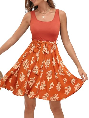 CUPSHE Damen Sommerkleid Ärmellos Rundhals Strandkleid A-Linie Tank Kleid Blumen Ananas Muster mit Bindegürtel Elegant Freizeit Party Minikleid Orange XL