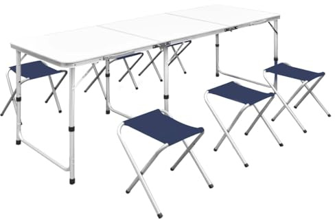 GCHDHAPB Campingtisch-Set faltbar mit 6 Hockern höhenverstellbar 180x60cm