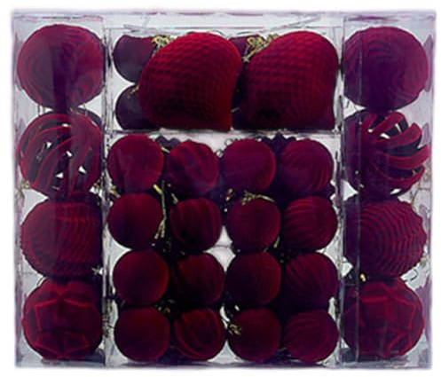 48 Stück rote Samt-Weihnachtsornamente, bruchsichere Weihnachtskugel-Ornamente, beflockte hängende Weihnachtsbaumdekorationen für Zuhause, Party, 1, 6/2, 4/3, 2
