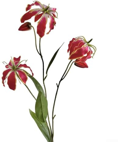 Flores artificiales de lirio gloriosa, 80 cm de largo, flores artificiales de plástico para sala de estar, mesa de comedor (rojo)