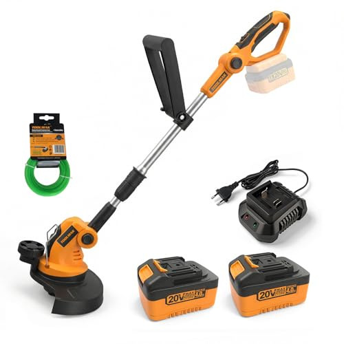 TOOLMAK Decespugliatore a Batteria 20V, Diametro di Taglio 26cm per Prato | Tagliabordi Elettrico con a Filo di Nylon, Asta Telescopica 75-123cm, Batteria 4,0Ah, Taglia Erba per Giardino (2 Batterie)
