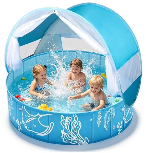 Cheffery 4-in-1 Pop Up Baby Planschbecken Groß, Strandmuschel Baby Bällepool mit UV Schutz SPF 50+, BabyPool mit Dach, Tragbare Spielzelt Bällebad für Picknick, Garten, Strand (120 * 30)
