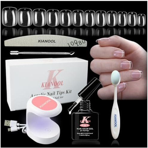 Nail Tips and Glue Gel Kit, 552pcs Short Nail Tip Square with Glue and Lamp | Acrylic Gel X Kit, False Nail Extensions Tools, 5 in 1 Glue, UV/LED Mini Lamp, DIY Manicure at Home, Travel, Gifts for Women