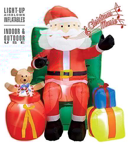 W WIDMANN MILANO Party Fashion - Aufblasbarer sitzender Weihnachtsmann, 122 cm, leuchtend mit Gebläse, animierter Kopf mit Musik, Weihnachten Deko