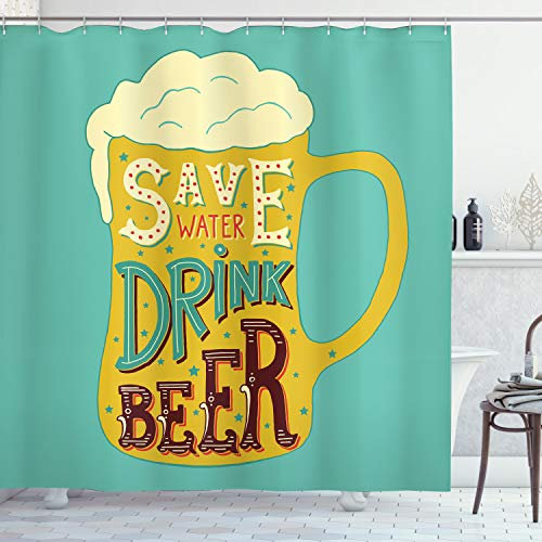 ABAKUHAUS Retro Duschvorhang, Schäumendes Bier-Gläser Worte, Stoffliches Gewebe Badezimmerdekorationsset mit Haken, 175 x 180 cm, Mehrfarbig Weiß