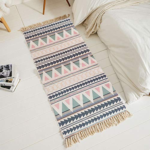 Poowe Baumwollteppich-Set mit Quasten, handgewebt, waschbar, für Schlafzimmer, Küche, Waschküche, Waschküche, 60 x 90 cm, Regenbogen