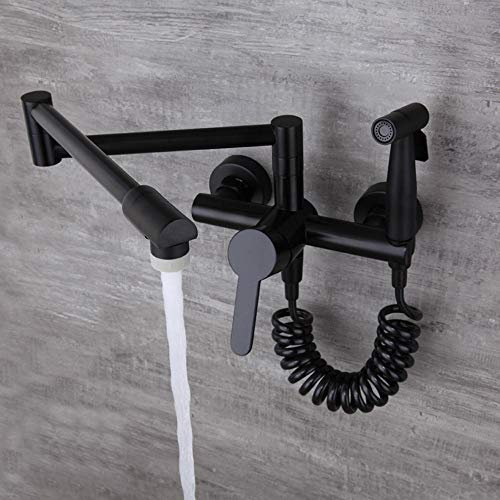 Schwarzer Wasserhahn Küche Wandarmatur Küchenarmatur Wand, mit Spritzpistole Flexibel Auslauf Wandmontage Mischbatterie für Küche Spültischarmatur, Kalt Und Warmwasser, Spüle Kupfer-Schwarzer A