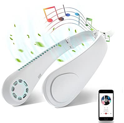 Ventilatore portatile USB silenzioso, mini ventilatore da collo senza pale con altoparlante Bluetooth, 3 velocità, piccolo archetto ricaricabile per interni ed esterni