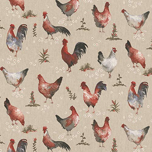 Stoff Meterware Leinenlook Halbpanama - 1 Meter - Dekostoff, Kissen, Tischwäsche, Vorhang, Taschen (Bauernhof Hühner)