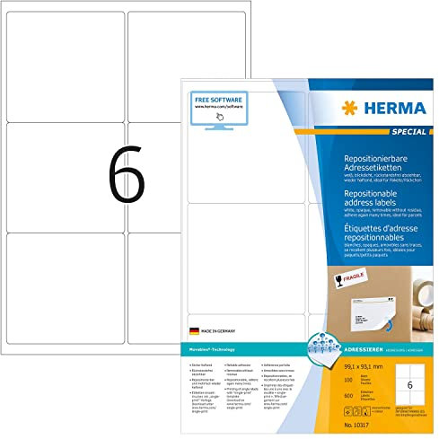 HERMA 10317 Universal Etiketten blickdicht ablösbar, 1400 Blatt, 99,1 x 93,1 mm, 6 pro A4 Bogen, 8400 Stück, selbstklebend, bedruckbar, matt, blanko Papier Klebeetiketten Aufkleber, weiß